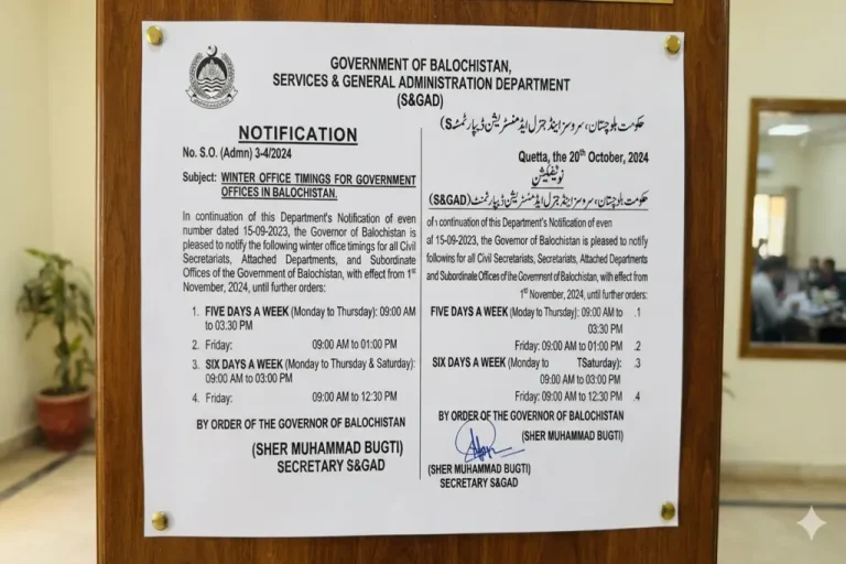 Balochistan Winter Office Timings Notification